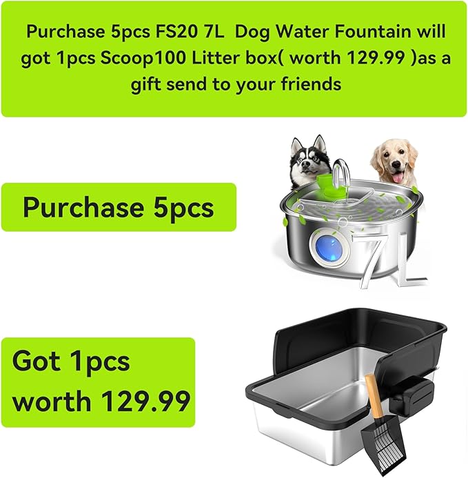 Dog Water Fountain Stainless Steel, 236 Oz/7L Automatic Dog Water Bowl Dispenser, Quiet Cat and Pet Water Dispenser Fountain with 2 Filters for Large Dogs, Cats, Multi-Pets - FS20