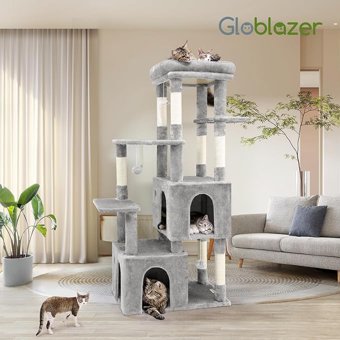 Globlazer Cat Tower for Indoor Cats, Heavy Duty Cat Trees for Large Cats Adult Big Cats Maine Coon Cat Tree Tower with Scratching Post, Extra Large Top Perch, Cat Condos, F61, Light Grey, 61inch
