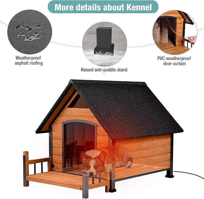 Insulated Dog House with Heating Pad, Weatherproof Outdoor Kennel for Large Dogs, Chew-Resistant Iron Frame & Asphalt Roof (Wood-H, L)