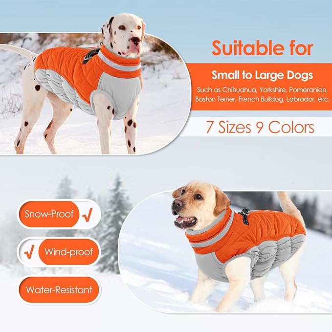 AOFITEE Dog Coat, Warm Dog Winter Coat for Small Dogs, Reflective Turtleneck Dogs Jacket with Harness Built in, Waterproof Windproof Pet Fleece Vest Snow Jacket for Cold Weather, Orange S