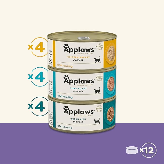 Applaws Natural Wet Cat Food in Broth, Limited and Natural Ingredients, High Protein with No Artificial Additives, Variety Pack in Broth (12 x 5.5oz Cans)