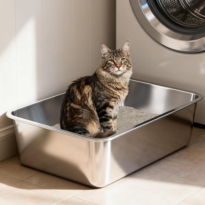 Stainless Steel Litter Box 2Pack, XL Extra Large Metal High-Sided Litter Boxer for Big Cat,Multiple Cats,Easy to Clean,Non Stick and No Smell,23.6x15.7x8inch