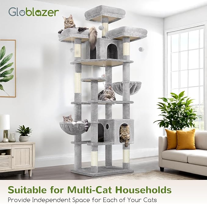 Globlazer Cat Trees and Towers for Multiple Adult Cats, 82-inch XXL Tall Cat Tree Tower for Indoor Cats with Scratching Post, 3 Perches, 2 Condos, 2 Hanging Baskets, F82, Light Grey
