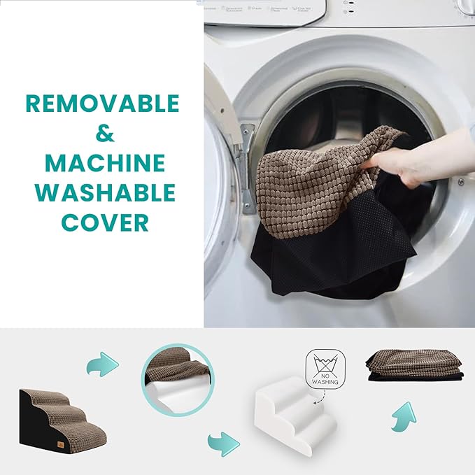 Dog Stairs for Small Dogs, 15.8 in H 3 Step Curved Dog Ramp for High Bed and Couch, Foam Dog Ramp with Durable Non-Slip Waterproof Fabric Cover, Pet Stairs for Pets Joints, Brown