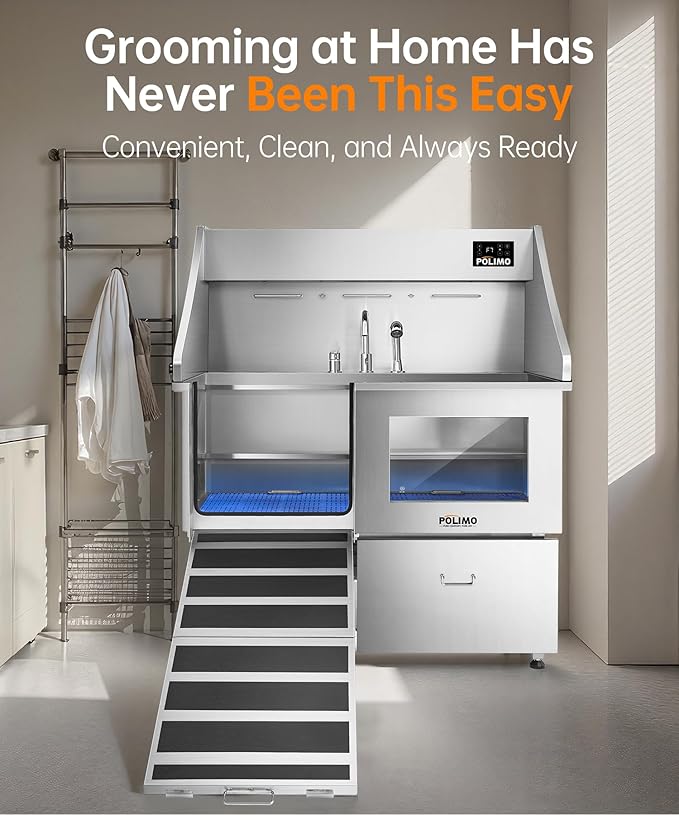 POLIMO Dog Wash Station with Pet Dryer & LED, Professional Dog Bathing Station for Large, Medium & Small Dogs – with Window, Ramp, Drawer, Floor Grate, LED Display & Faucet (Left RAMP & Dryer, 50")