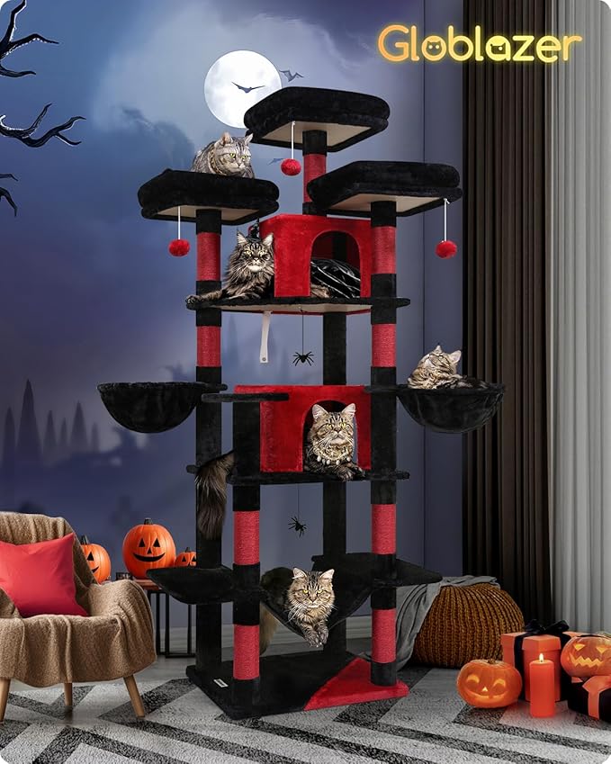 Globlazer Gothic Cat Tree, 80inch Goth Cat Tower for Indoor Cats Multiple Adult Cats XXL Cat Tree Large Cat Tower with Scratching Post, Hammock, 3 Perches, 2 Condos, 2 Hanging Basket, F80, Black Red