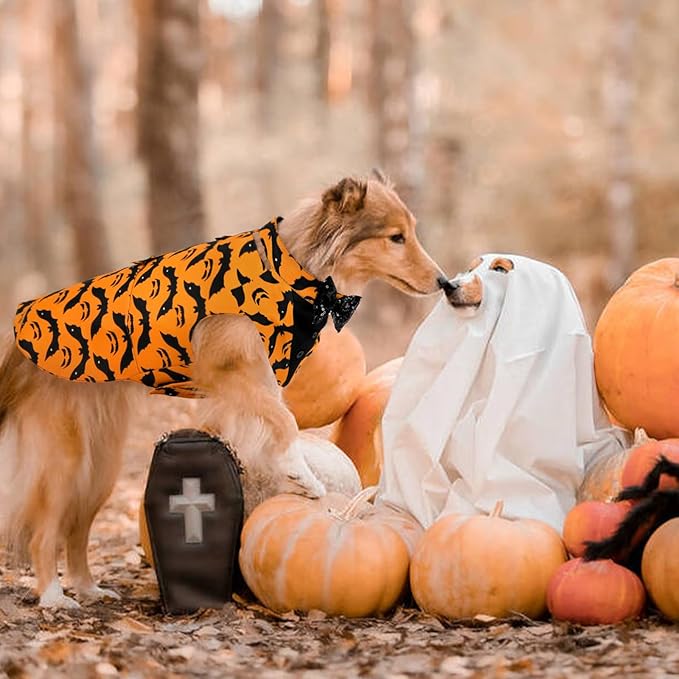 Kuoser Dog Tuxedo Suit and Bandana Set, Bat Pumpkin Print Dogs Halloween Outfit Adjustable Dog Halloween Costume with Bow Tie for Large Medium Small Dogs Golden Retriever Samo Bulldogs, Orange S