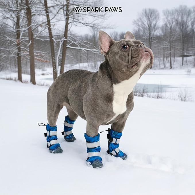 Spark Paws Dog Shoes, Waterproof Dog Boots for Medium to Large Dogs, Non Slip, Breathable Dog Booties and Paw Protectors - 4PCS Doggie Hiking Boots with Reflective Straps, Blue Camo, Size 1