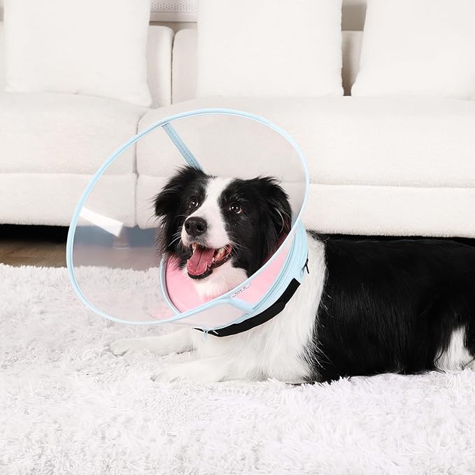 Sponge Core Dog Cone, Inflatable Dog Cone Collar Alternative, Dogs Donut Collar After Surgery, Soft Cone for Large Medium Small Dogs to Stop Licking, No Inflation Required, Clear View(Size 1, Pink)
