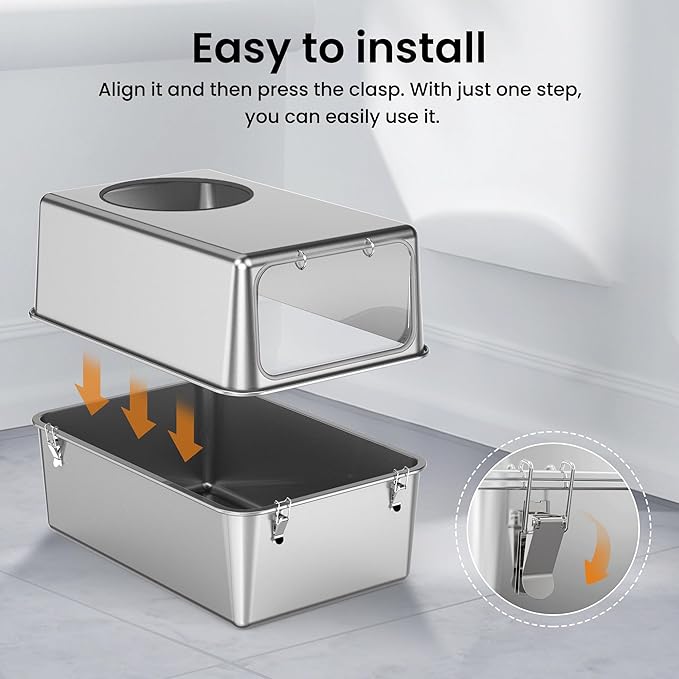 Stainless Steel Litter Box with Lid – Dog Proof, XL Enclosed Metal, High Side, Odor Control, for Big Cats & Multi-Cat Household, Top and Front Entry (Grey Silicone Edge)