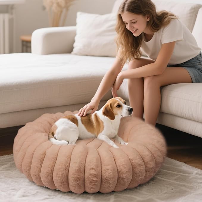 Donut Dog and Cat Bed, Luxurious Comfortable Faux Rabbit Fur Pet Beds, Round Anti-Anxiety Calming Puppy Kitten Bed with Anti-Slip Bottom for Small Medium Large Dogs & Cats(36", Brown)