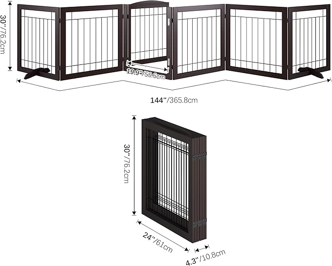 Vantas Folding Pet Gate 144" Wide, 30" Tall No-Assembly Wooden Dog Gate with Door Walk Through, Freestanding Wire Pet Gate, Pet Puppy Safety Fence, with 2PCS Support – Espresso