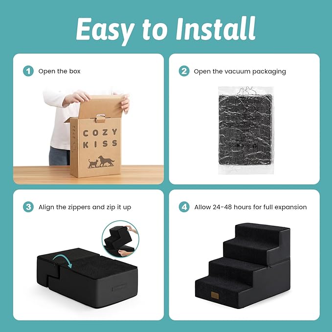 Dog Stairs for Small Dogs, 4 Tier Removable Pet Stairs for Couch and Bed, 17.7" H Dog Steps for Old Cats, Puppy, Small Dogs, 15.7x23.6x17.7 inch, Black