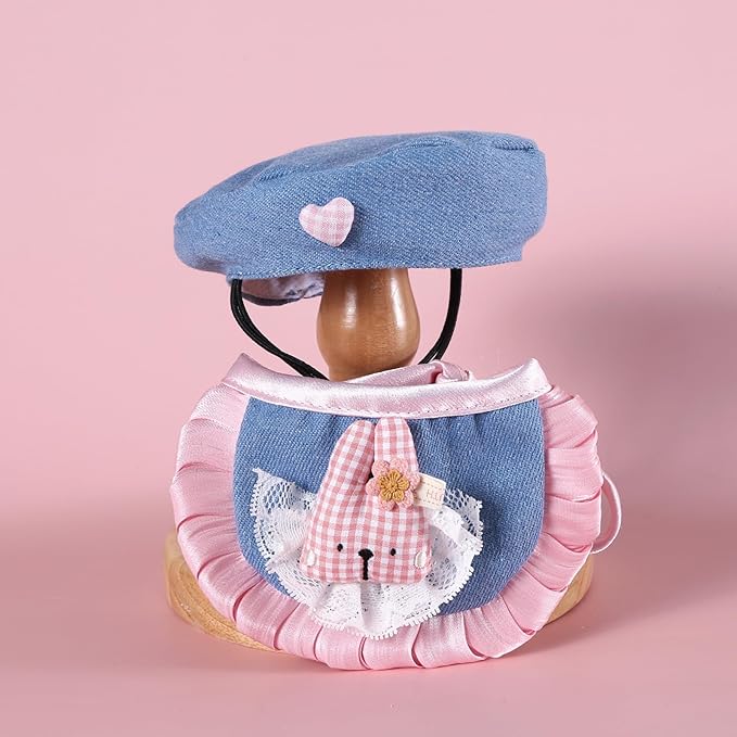 HOWWFALY Adorable Cat Princess Costume Blue Cat Beret with Little Heart & Lace Rabbit Bib Scarf Set, Adjustable Pet Costume for Halloween Christmas Birthday Parties