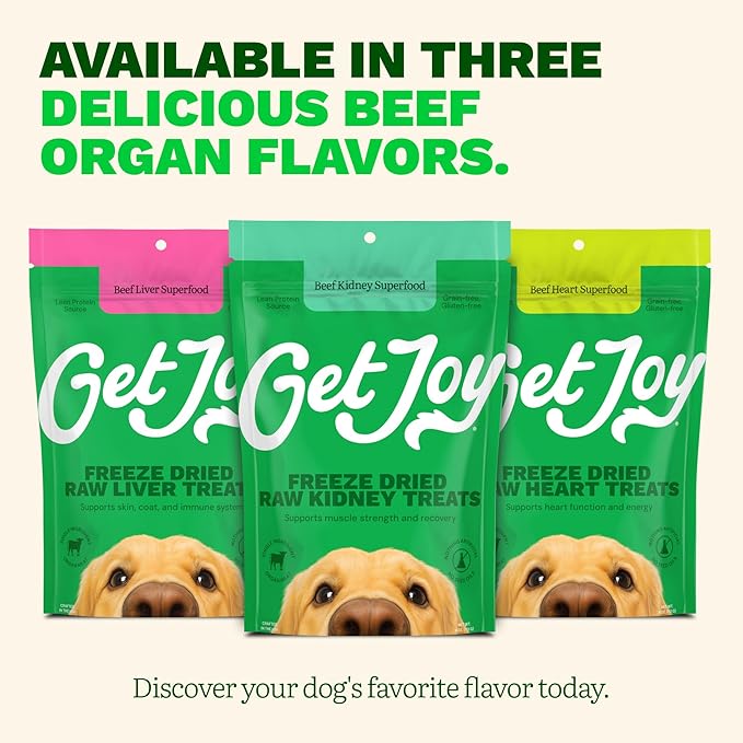 Get Joy Freeze Dried 100% Beef Kidney Dog Treats, 4oz | Single Ingredient Organ Meat, High Protein Raw Dog Food Topper, Snack & Training Rewards | Grain Free, Gluten Free, Filler Free