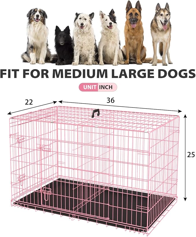 BestPet | Dog Crate | 36" | Pink | Foldable Metal Kennel with Double Doors, Secure Slide-Bolt Latches, Leakproof Tray | Portable Dog Cage for Medium Sized Breeds | for Travel, Indoor & Outdoor Use