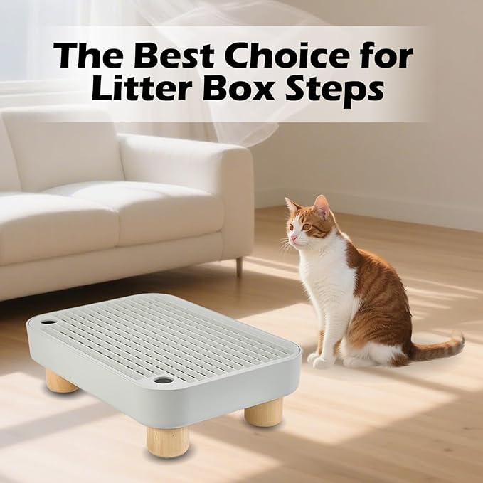 SpaceTime Elevated Litter Box Step/Ramp/Catcher Cat Litter Mat with Wooden Base,Anti-Tracking Cat Litter Trapping Pad for Kittens & Senior Cats,Easy to Clean,Washable & Waterproof Mat(Grey)