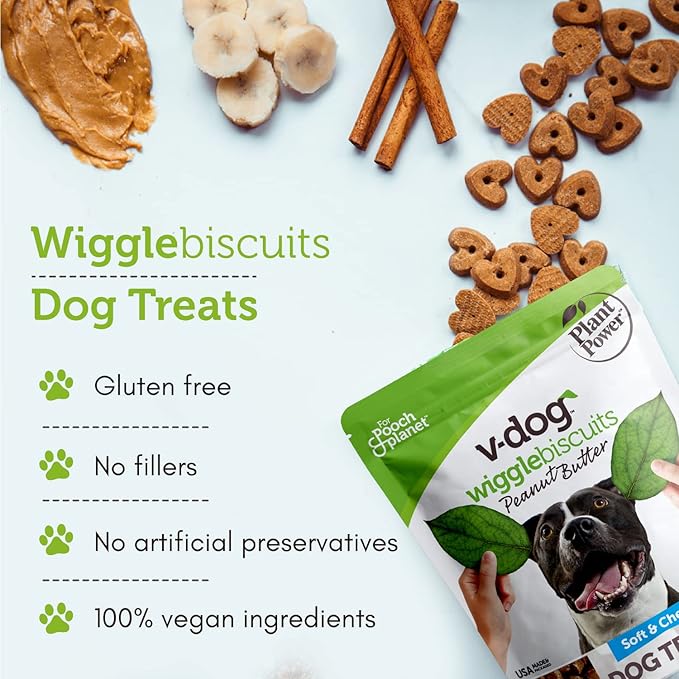V-dog Soft and Chewy Vegan Wiggle Dog Biscuits - Dog Training Treats - Small, Medium and Large Breeds - Natural Peanut Butter Flavor Superfoods - 10 Ounce - All Natural - Made in The USA