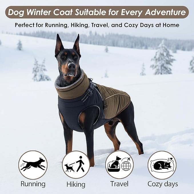 ASENKU Reflective Dog Coat with Built-in Harness, Windproof Fleece-Lined Dog Jacket for Small, Medium, Large Dogs, Warm Winter Vest with Turtleneck & Zipper (Khaki L)