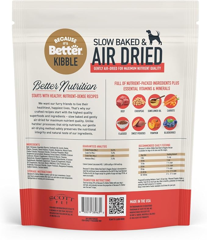 Because it's Better Slow Baked and Air Dried Dog Food, Real Beef and Veggies, 3lb Bag, Complete and Balanced Dry Dog Food, for All Life Stages
