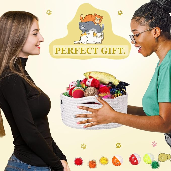 Zopeal 58 Pcs Cat Storage Basket Gift Toys Set, Colorful Flashing Balls Pet Bell Crinkle Balls Spring Toys Attract Cat to Swat, Bite, Hunt, Interactive for Pet(White,9.8 Inch)