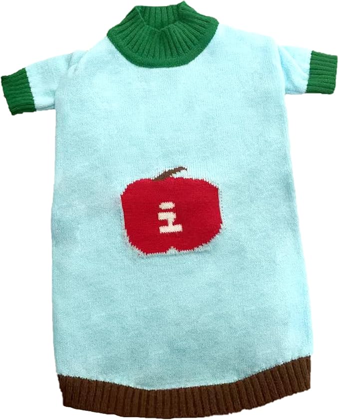 Winter Pet Knit Sweater - Light Blue with Red Fruit Print, Cozy Dog Cat Clothing, XS/S/M/L/XL Sizes (Small)