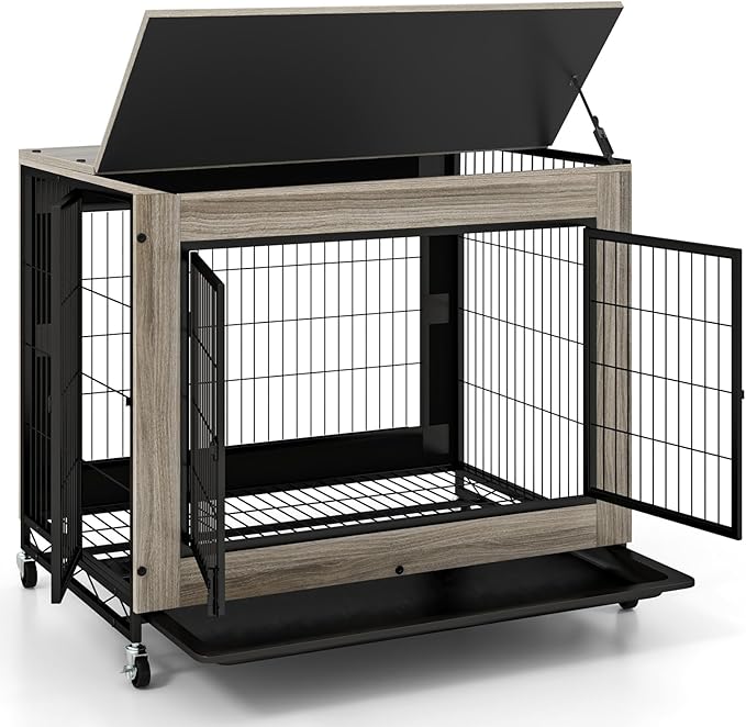 Giantex Dog Crate Furniture with Wheels, 38" Modern Dog Cage with 3 Doors, Flip Top Lid, Removable Pull-Out Tray, Decorative Dog Kennel Indoor Pet House End Table for Medium & Large Dogs (Oak Gray)