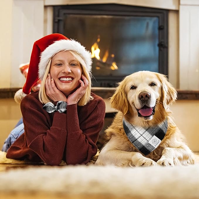 E-Clover Dog Bandanas & Matching Scrunchie Set Boy Plaid Dog Scarf Triangle Bandana Bibs for Medium Large Dog Owner Birthday Gifts Black White