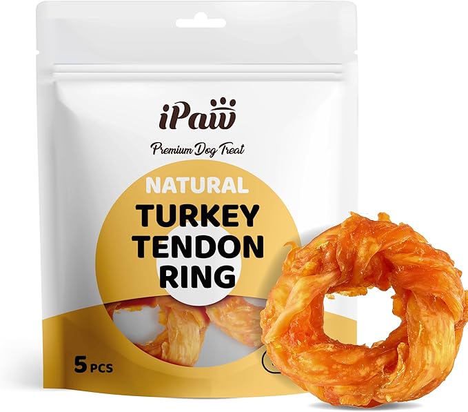 iPaw Turkey Tendon for Dogs, Ingredient Sourced from USA, Hypoallergenic, All Natural Human Grade Puppy Chew, Dog Treats for Signature Series, Rawhide Alternative, 5 Units/Bag Ring (Medium)