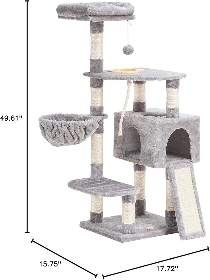 Heybly Cat Tree, Cat Tower for Indoor Cats with Scratching Board, Multi-Level Cat Furniture Condo with Feeding Bowl, Light Gray HCT010W