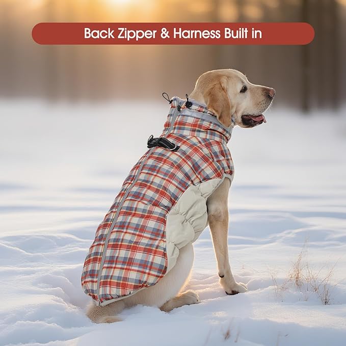 FUAMEY Dog Coat for Large Dogs,Waterproof Dog Winter Jacket with Harness Built in Puppy Cold Weather Coats Reflective Pet Vest with Zipper Warm Fleece Dogs Snowsuit Windproof Red Plaid XXXL