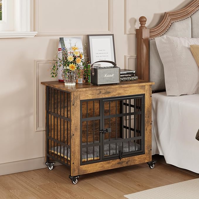 27.1" Dog Crate Furniture with Cushion and Wheels, Wooden Dog Kennel Indoor for Small Dogs, Farmhouse Pet Cage for Anxiety Dog, Rustic Brown (27.1" L x 17.9" W x 24.8" H)