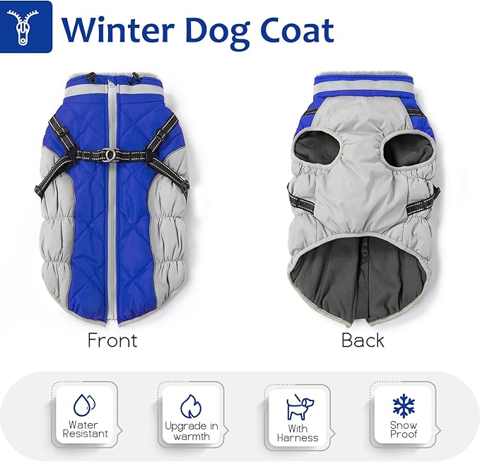Dog Winter Coat with Harness, Dog Jacket, Pet Clothes with Zipper on Back, Waterproof Windproof Warm Vest, Reflective Cold Weather Coats, for Small Medium Large Dogs, Thick, Blue, 2XL