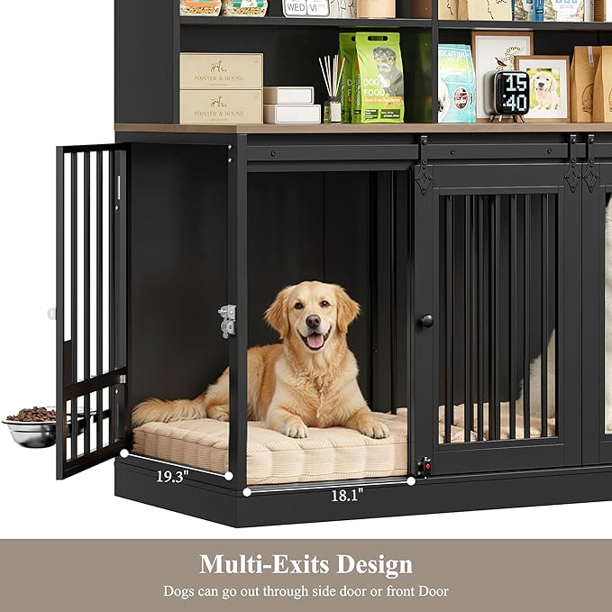 HOSTACK 71" Tall Dog Crate Furniture, 55" W Dog Kennel with Storage Hutch, XL Dog Crate for 2 Dogs with Feeding Bowls, Indoor Heavy Duty Dog Cage with Removable Room Divider, Wooden Pet House, Black