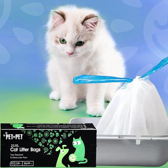 PET N PET Cat Litter Box Liners Bags Extra Large, Heavy Duty Tear Resistant & Drawstring Closure Cat Litter Bags, Waterproof Kitty Box Liners Fits Litterbox Pan Sizes, 34" x 18", 21 Count