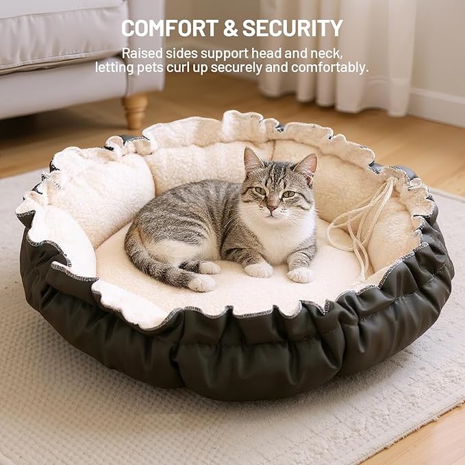 Cat Bed for Indoor Cats, 24.8 Inch Adjustable Small Dog Beds for Puppy & Kitty, Round Kitten Bed with Drawstring, Extra Soft & Machine Washable