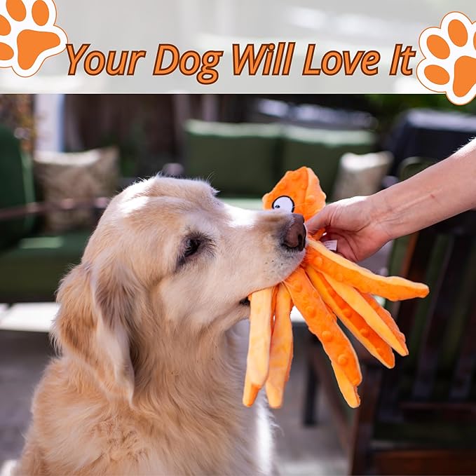Orange Octopus Dog Toy – Squeaky & Crinkle Plush – Durable No Stuffing Chew Toy for Small Medium Large Dogs Puppies & Seniors – Interactive Safe Soft Toy for Tug Fetch Play – Tail Town