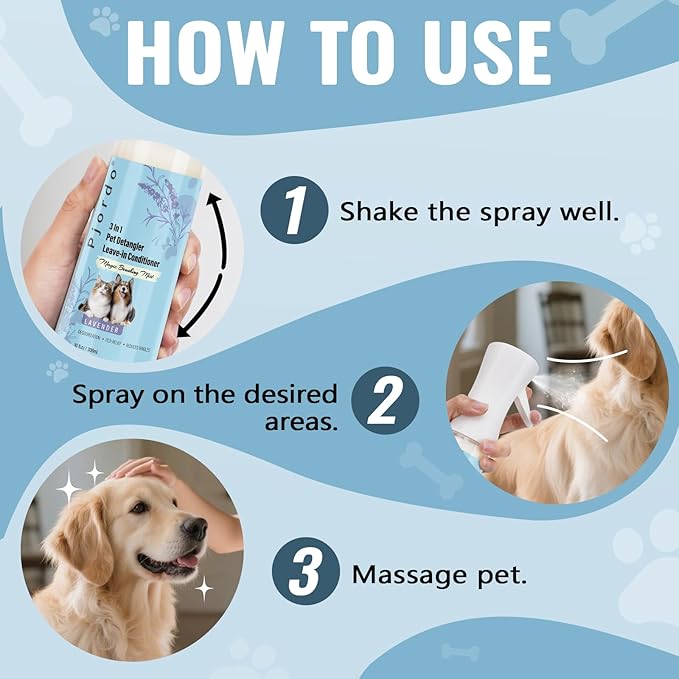 Dog Detangler Grooming Spray 10 Fl Oz, Leave in Pet Conditioner for Hair Dematting, Dry Skin & Pet Fur Shedding, Deodorization & Itch Relief & Reduces Tangles, Suitable for All Coat Types