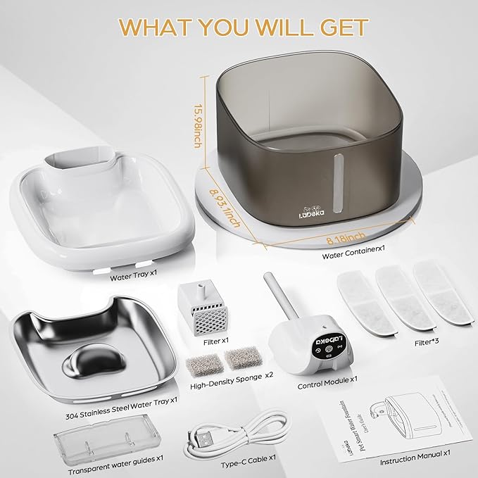 Wireless Cat Water Fountain, 118oz/3.5L Battery Operated Cat Fountain with Stainless Steel Tray, Ultra Quiet with Motion Sensor Automatic Pet Water Dispenser for Cats Dogs Multiple Pets