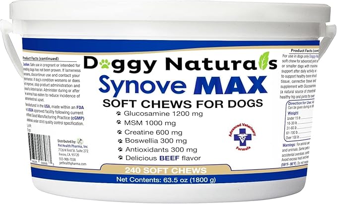 Synove Max Soft Chews for Dogs (240 Count) Beef Flavor, Joint Supplement, Glucosamine, Turmeric, Boswelllia serrata, Creatine Naturally Derived Ingredients better than synovi g4 soft chew