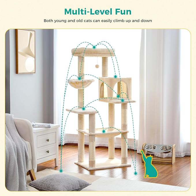 PAWZ Road Cat Tree, 56 Inches Tower Condo with Large Top Perch & Hammock, Cat Tower with Scratching Posts for Indoor Cats,Beige