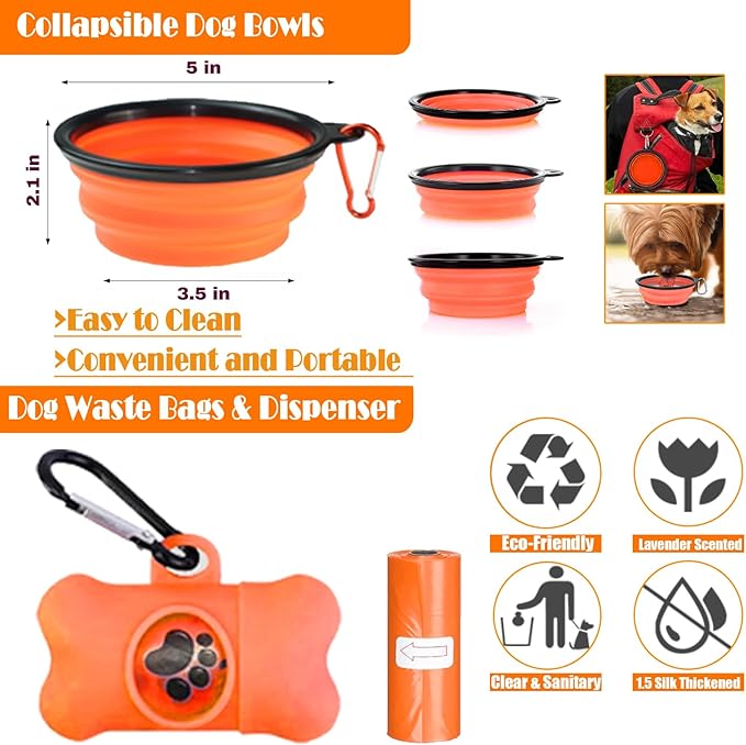 No Pull Dog Harness, Collar & Leash Set | Includes Dog Seat Belt, Collapsible Bowls & Poop Bag Dispenser. Ideal for Training, Walking, Hiking. Fits Small to Large Dogs(Orange-XL)