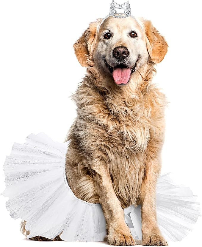 2 Pcs Dog Crown Headband Dog Tutu Dress Set Crystal Rhinestone Tiara Crown Tutu Skirt Pet Dress Costume for Puppy Birthday Party Wedding Photo Prop Costume(X-Large,White)