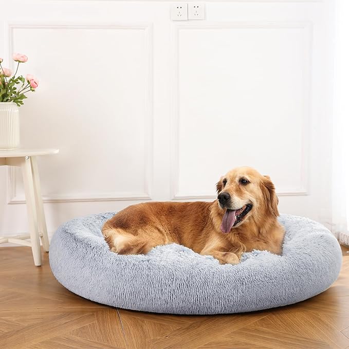 Amazon Basics Donut Pet Bolster Faux Fur Bed for Dog, Grey, 45" x 45"