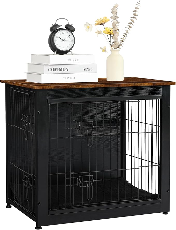 DWANTON Dog Crate Furniture with Cushion, Wooden Kennel Table with Double Doors, Indoor Dog House, Small/Medium/Large Size, 27.2" L, Black+Rustic Brown