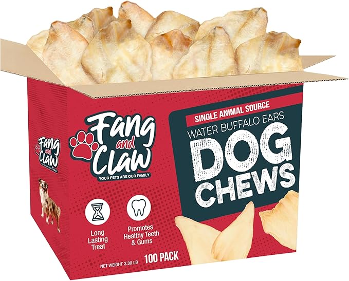 Fang & Claw 100 Count Water Buffalo Ears for Dogs – 100% Natural, Single-Ingredient, Long-Lasting Rawhide Alternative, Grain-Free