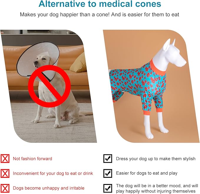 LovinPet Dog Clothes for Large Size Dog Boy, Anti Licking Bodysuit, Pajamas for Pitbulls, Pajamas for Large Dogs, Post Surgery,Tretchy Skin-Friendly Fabric,Mint & Dark Coral Floral Print, Medium