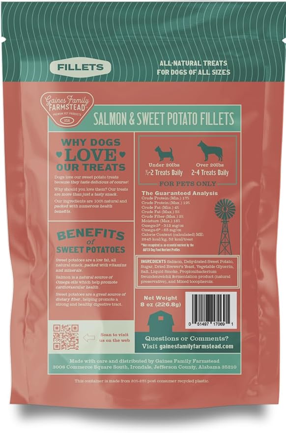 Gaines Family Farmstead Salmon & Sweet Potato Fillets for Dogs - 8 oz Pouch, All-Natural Dog Treats – Wild Caught Alaskan Salmon, Soft Chew, Limited Ingredients, Made in USA