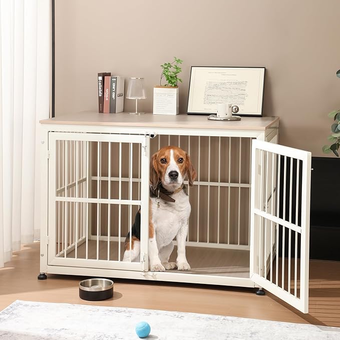 48" Rustic Heavy Duty Dog Crate Furniture for Extra Large Dogs, Decorative Pet House End Table, Wooden Cage Kennel Furniture Indoor, Double-Doors Sturdy Dog Cage