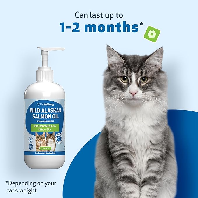 Pet Wellbeing Wild Alaskan Salmon Oil for Cats - Wild-Caught, Cold-Processed, Daily Omega-3 Fish Oil for Healthy Coat and Skin, Joint Mobility and Strength - EPA, DHA - 8 fl oz (236 ml)